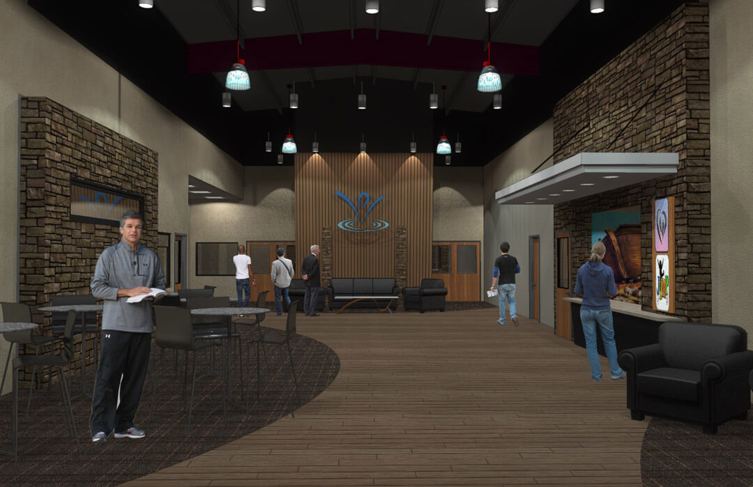 Church Community Center Foyer, dark colored interior church room,