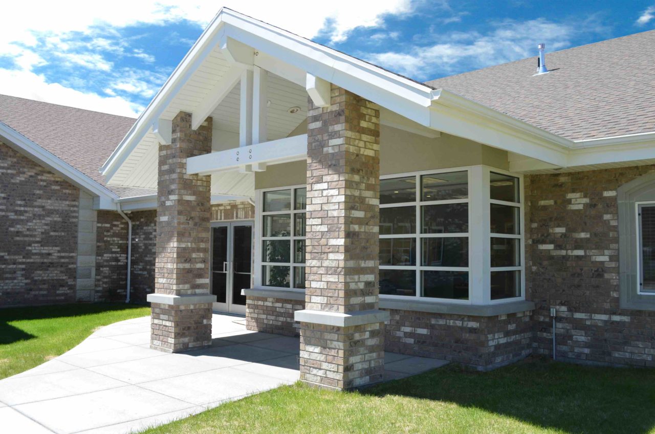 Church Administrative Addition, multi colored brick, gabled roof.