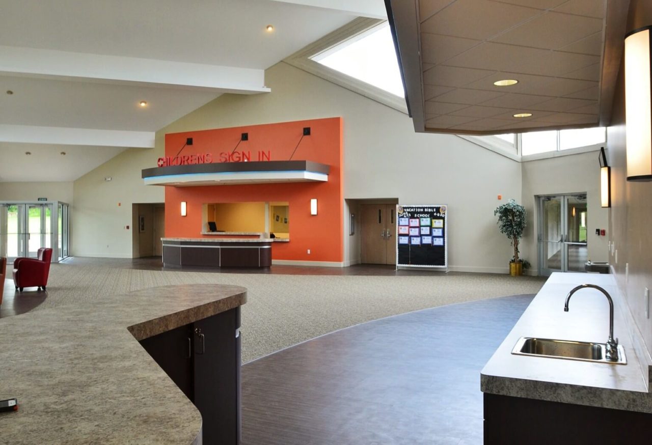 Church Foyer, Church Lobby, Mountain View Baptist Church, Church Renovation, Mountain West Architects, Layton Church