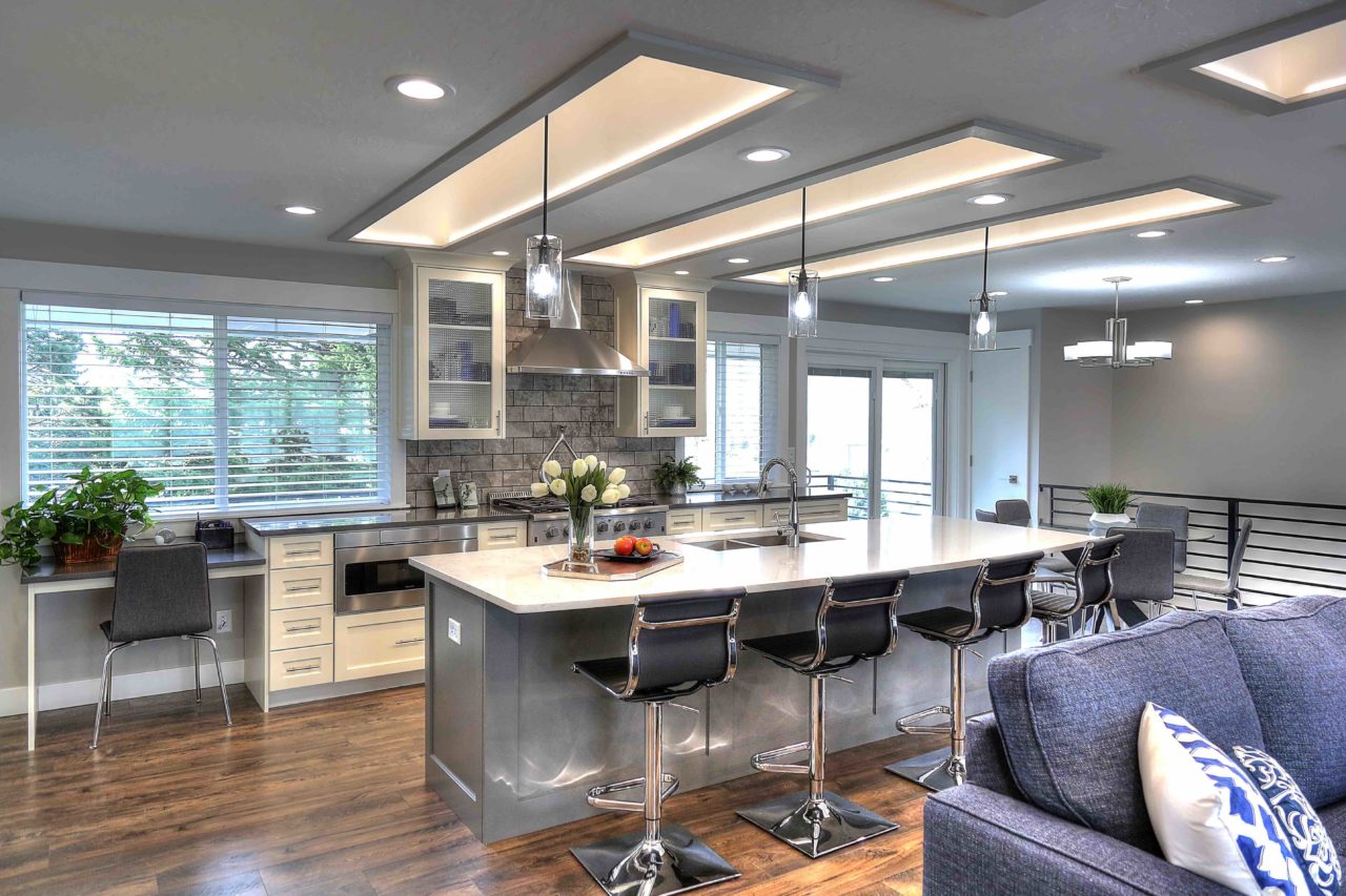 Ogden Contemporary Residential renovation, custom cabinetry, coffer ceiling, large kitchen island, white cabinetry, gray cabinetry, open concept.