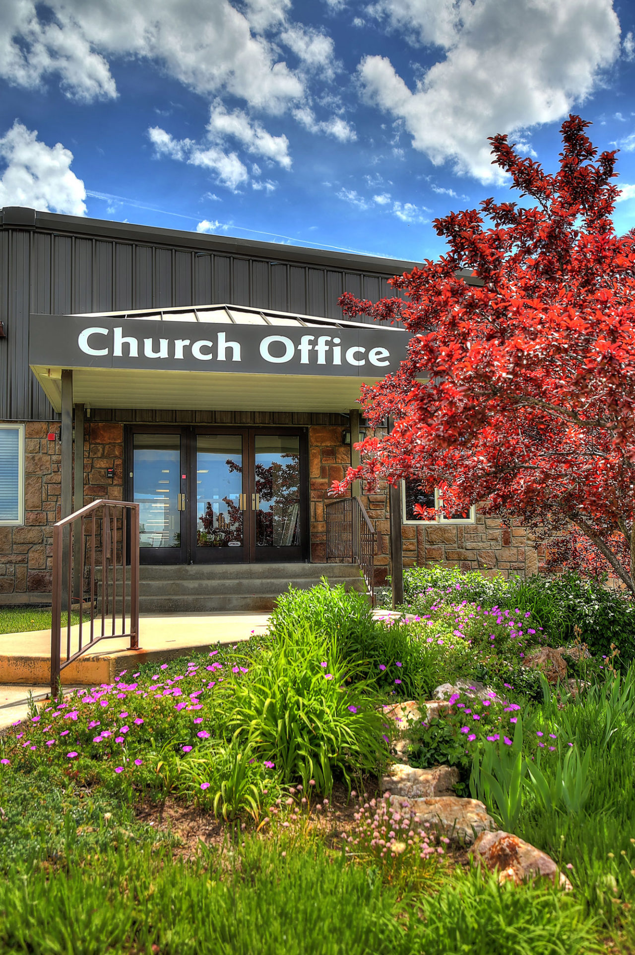 Church Office Entrance, metal siding, metal siding in churches, Stone cladding exterior, stone cladding church exterior