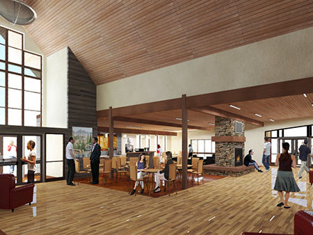 Rendering for First Baptist Church foyer, New Plymouth, Idaho, wood finish flooring in church, natural light in church building, wood ceilings