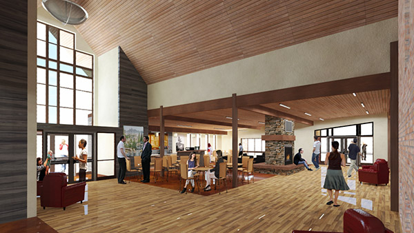 Rendering for First Baptist Church foyer, New Plymouth, Idaho, wood finish flooring in church, natural light in church building, wood ceilings