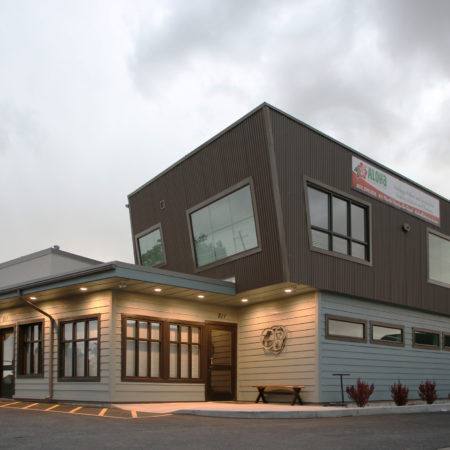 Modern Exterior Building, Modern diagonal lines in building, exterior canned lighting, exterior metal siding