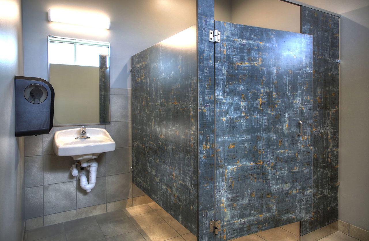 commercial restroom, tile flooring, tile backsplash