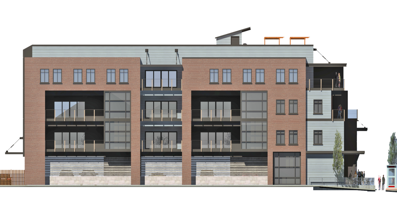 Apartment buildings in Ogden. living spaces in Ogden, brick exterior, wood siding, balcony areas. Vertical windows, 1st floor garage areas, terrace views