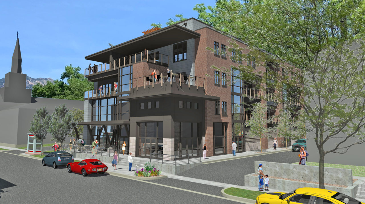 Apartment buildings in Ogden. living spaces in Ogden, brick exterior, wood siding, balcony areas. Vertical windows